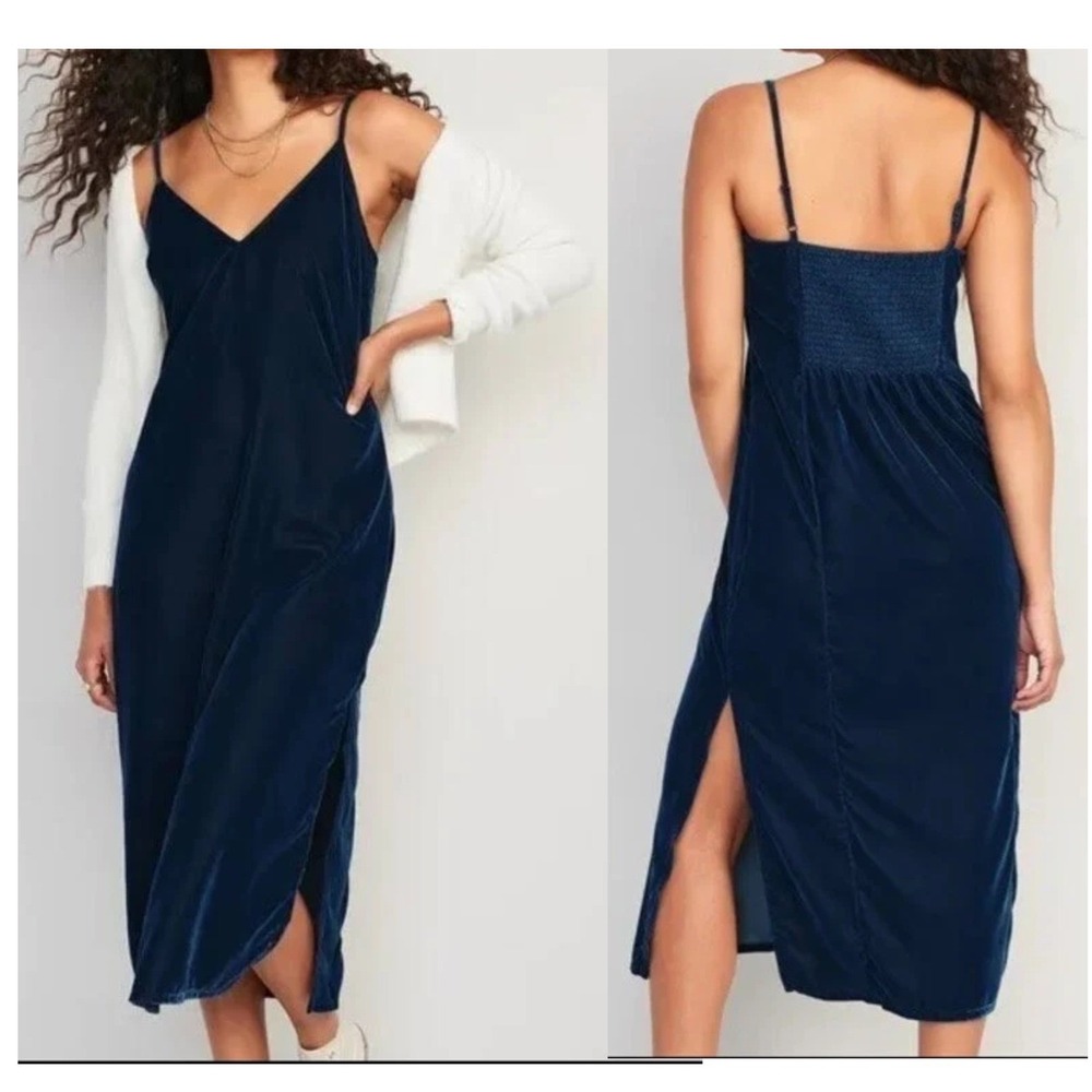 Old Navy Blue Velvet Slip Midi Dress L Adjustable Straps Smocked Back Side Slit
